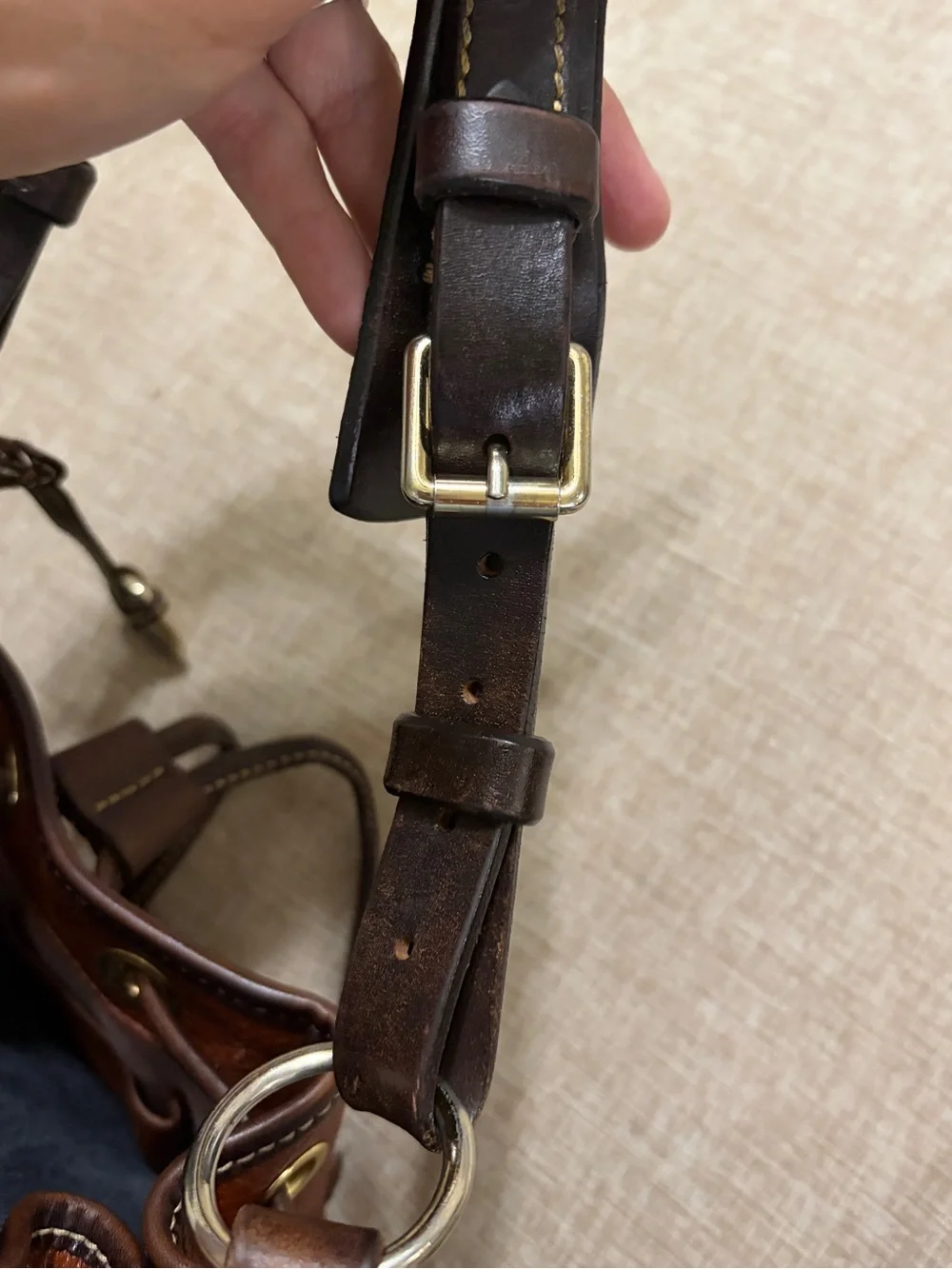 Dooney & Bourke Brown Pebbled Leather Drawstring Bucket Bag